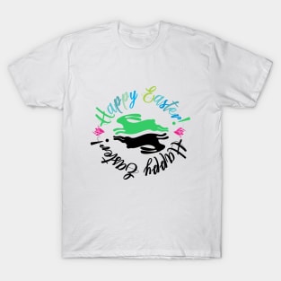 Happy Easter Cute Playful Green And Black Bunnies Illustration T-Shirt